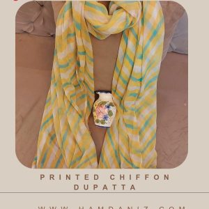 Printed Chiffon Dupatta : Yellow-Stripe-HD67